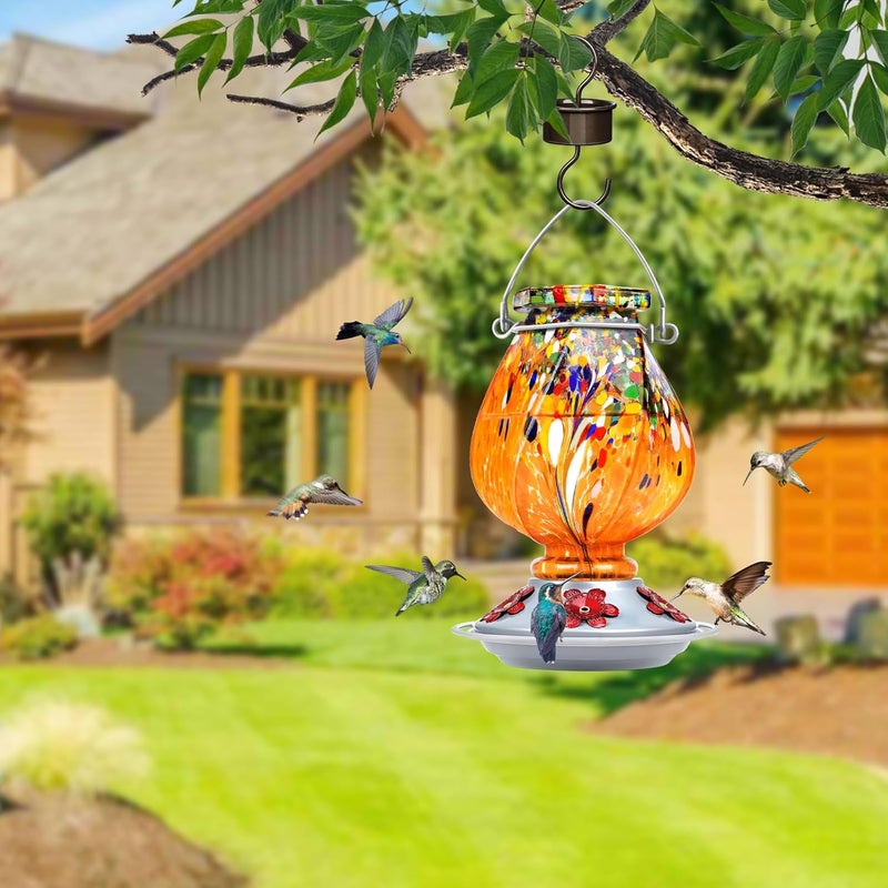 BOLITE Hummingbird Feeder, Hand Blown Glass Hummingbird Feeders for Outdoors Hanging, with 5 Feeding Ports, 22 Ounces, Orange, Birthday Gifts for Women Men, Gifts for Mom Dad - Image 4